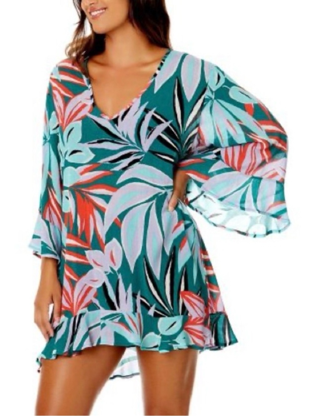 Anne Cole Teal Tropical Print Swim Cover-Up